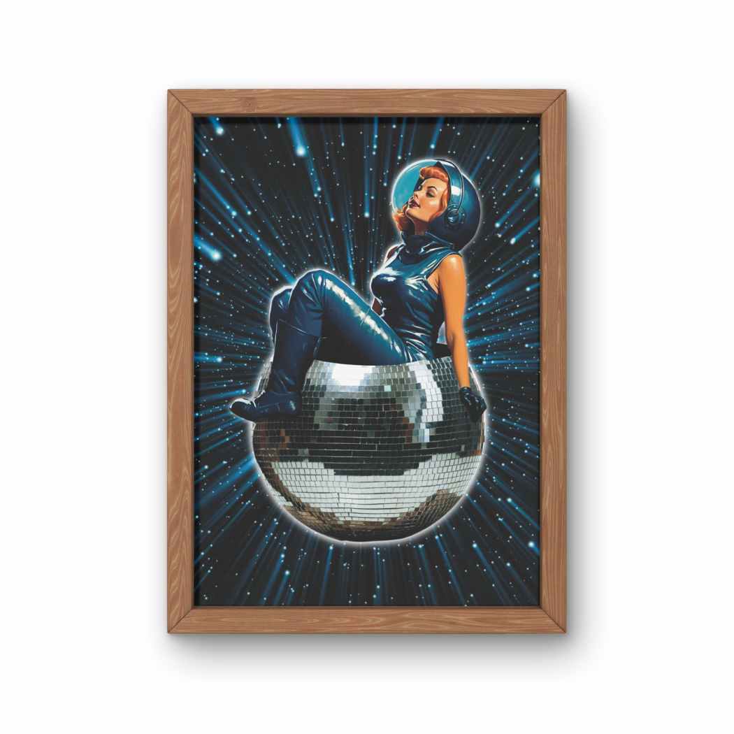 Blue Space Disco Ball Collage Art Print, Retro Cosmic Art