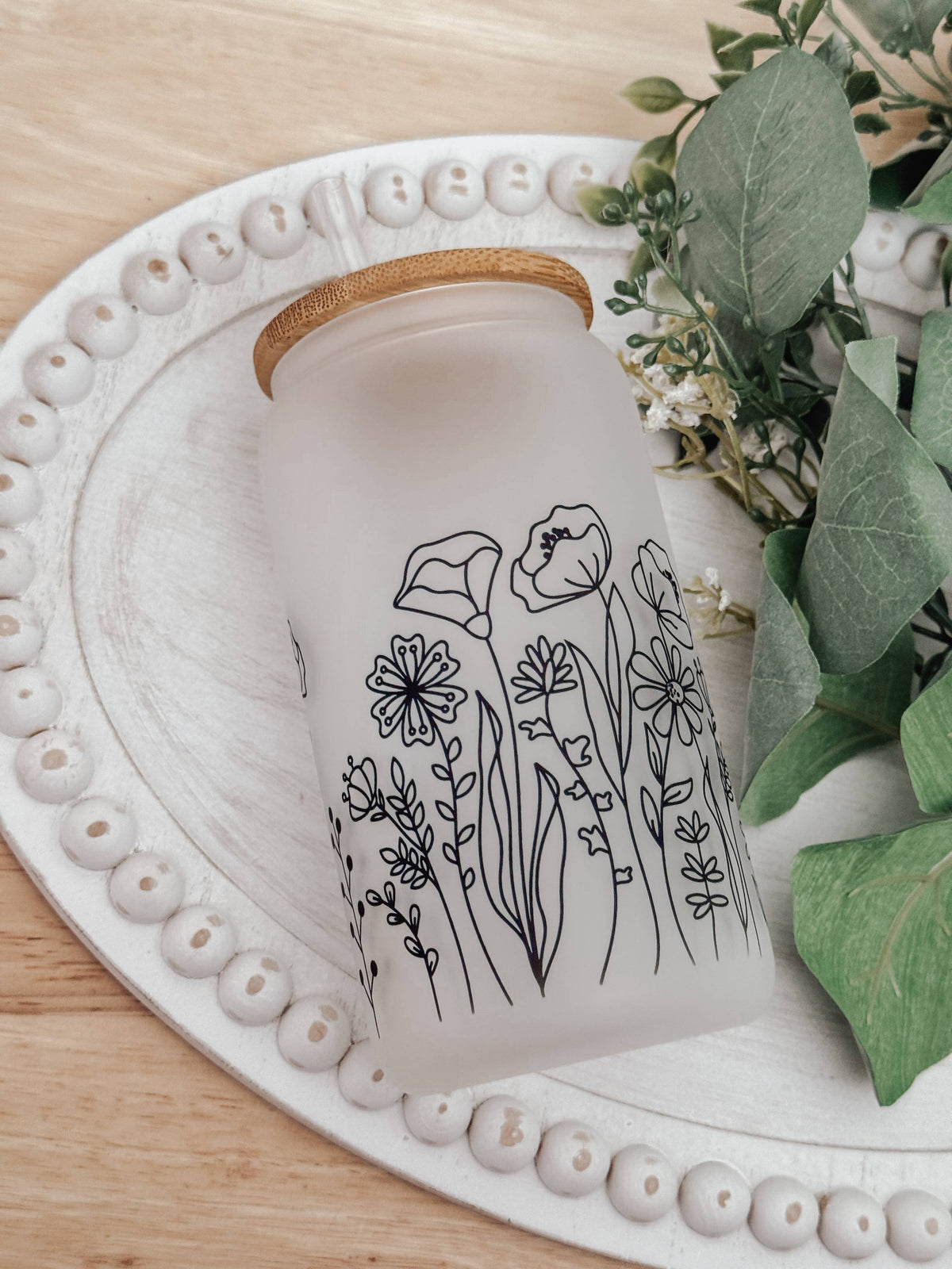 Wildflowers Frosted 16oz Glass Cup with Bamboo Lid