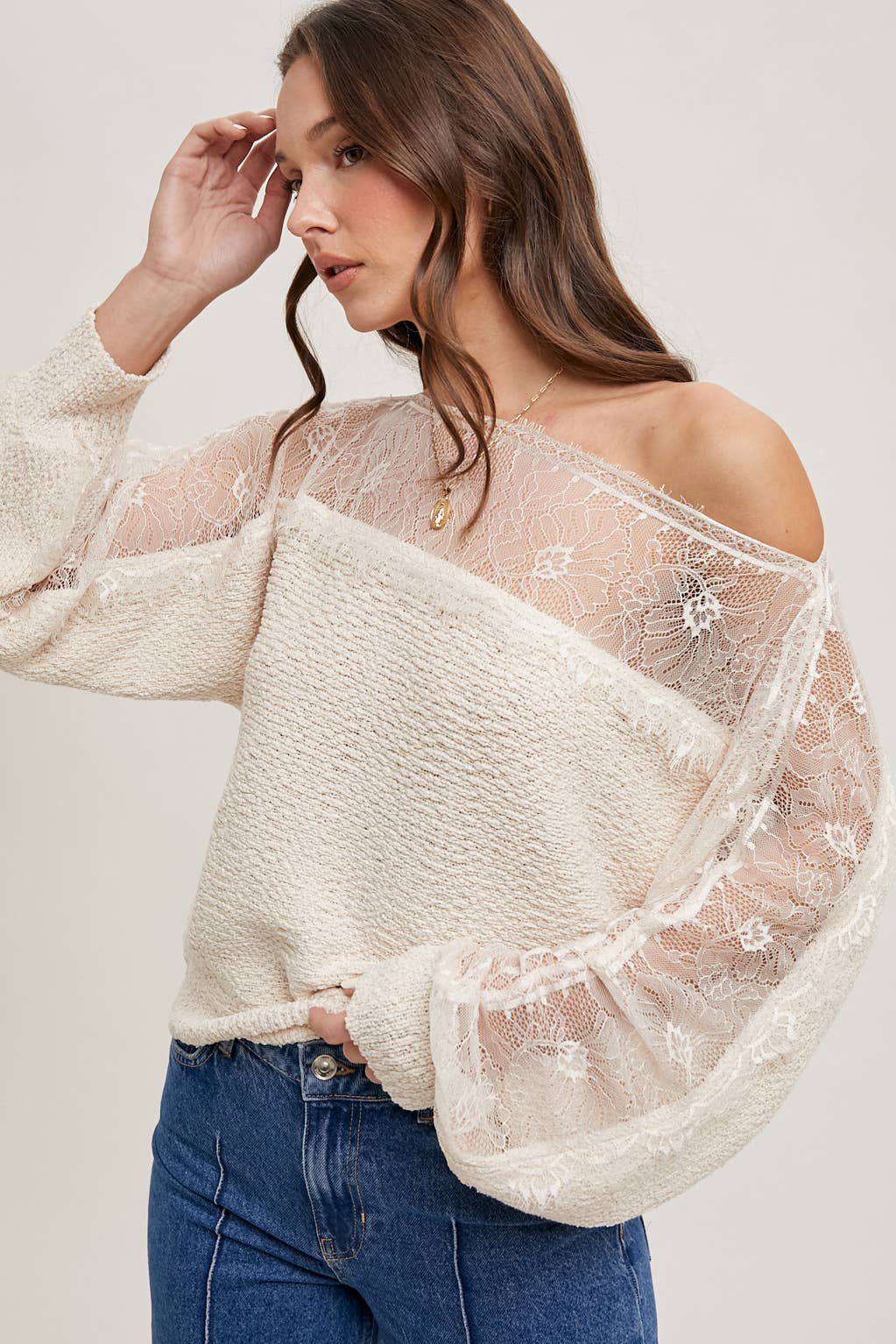BOAT NECK LACE TRIMMED KNIT SWEATER PULLOVER