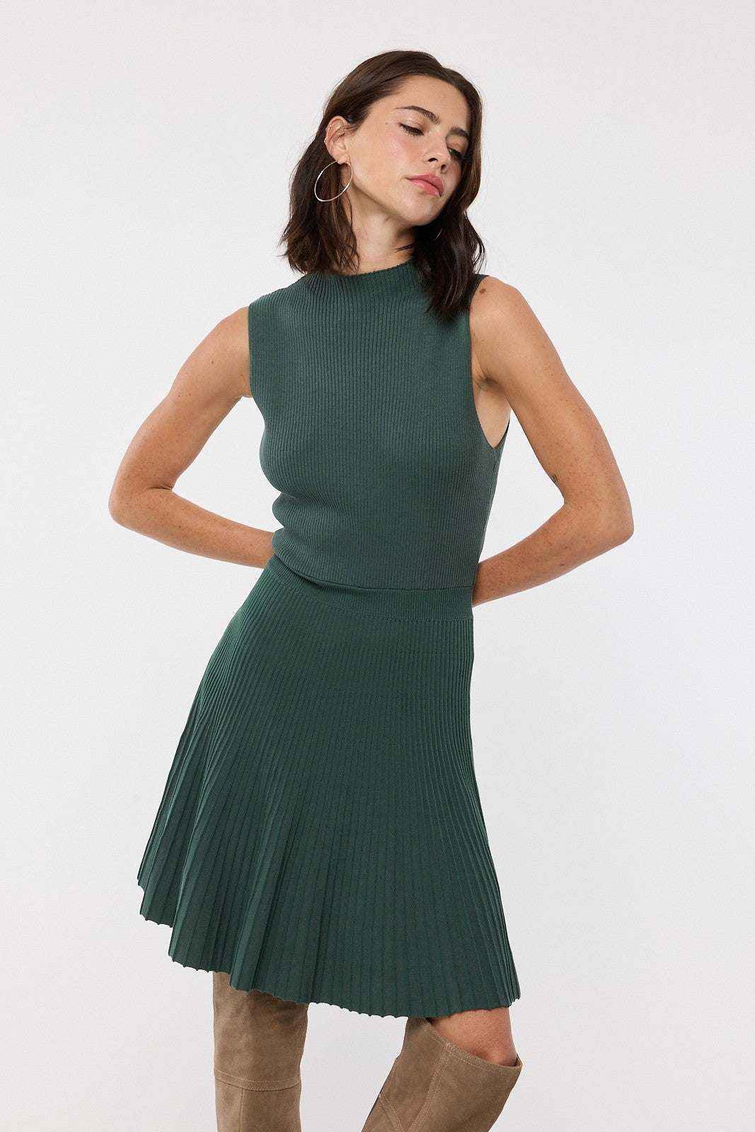 Pleated Mock Neck Sweater Mini Dress