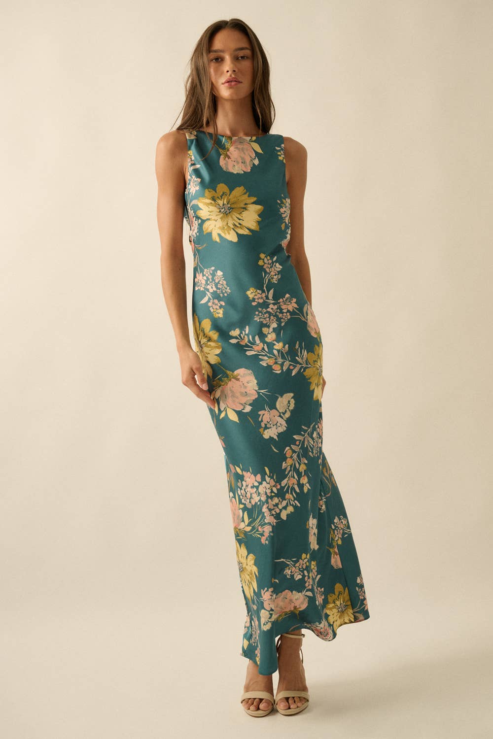 Floral-Print Satin Bias-Cut Cowl-Back Maxi Dress
