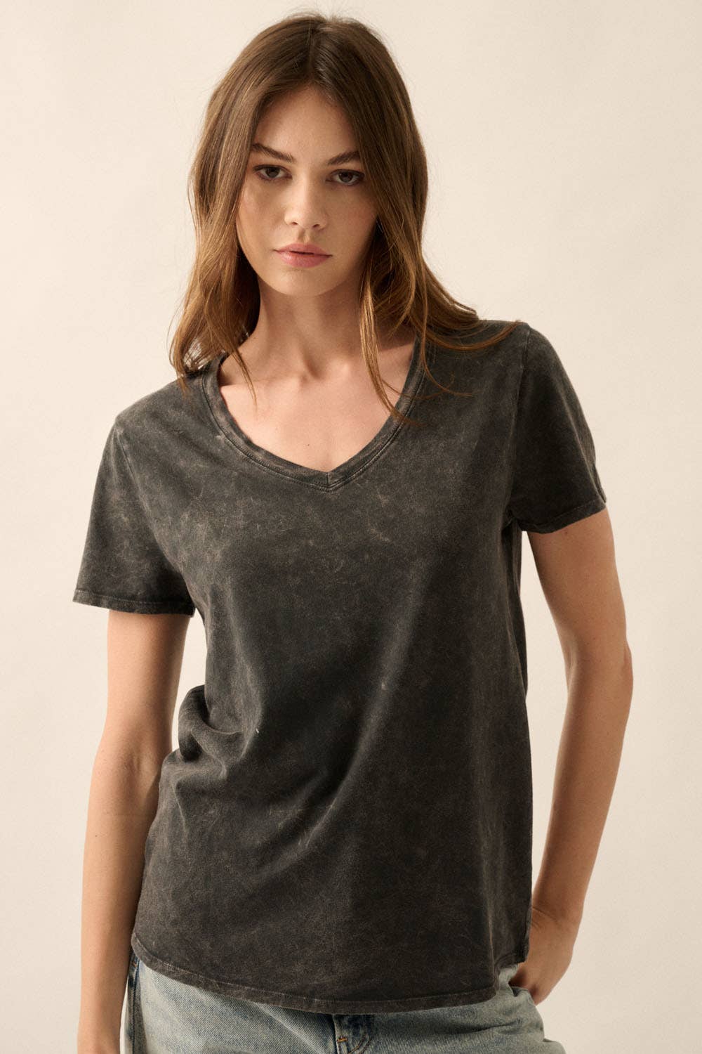 Mineral Washed V-Neck Solid Knit T-Shirt