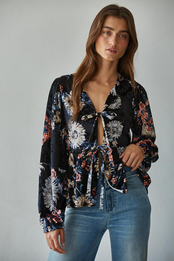 Woven Floral Print V-Neck Open Front Top
