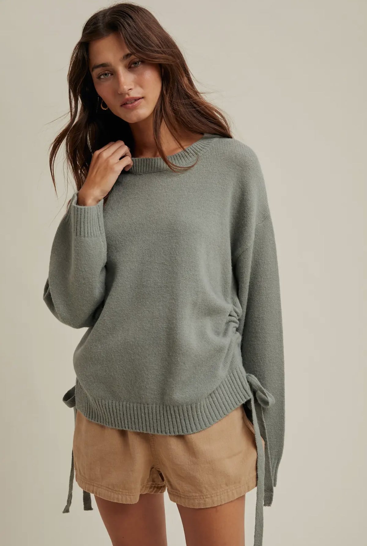 Drop Shoulder Side Ruched Sweater