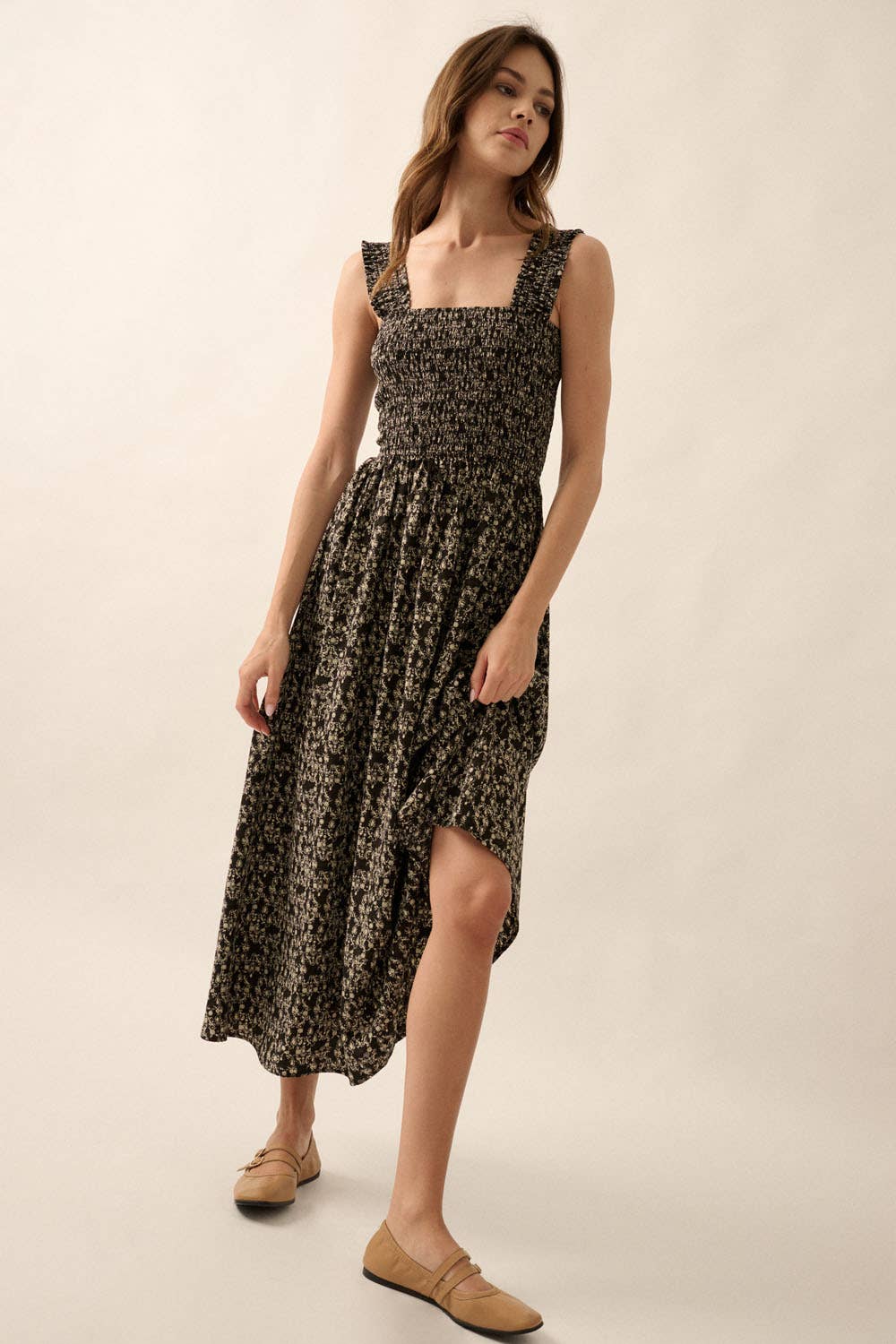 Ornate Floral Square Neck Smock Bodice Midi Dress