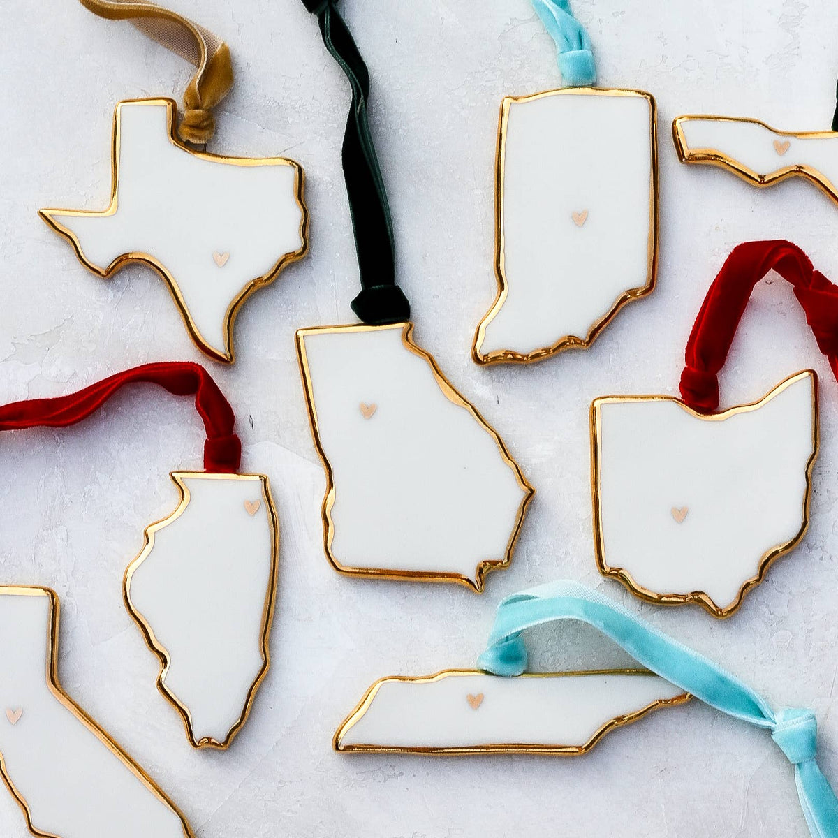 Handmade Porcelain State Ornaments with Gold Heart