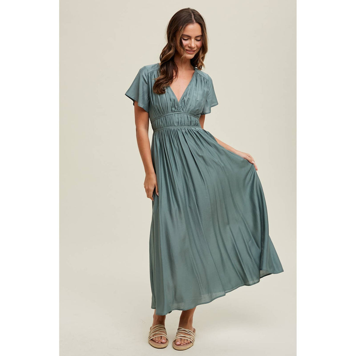 SATIN FLUTTER SLEEVE MIDI DRESS