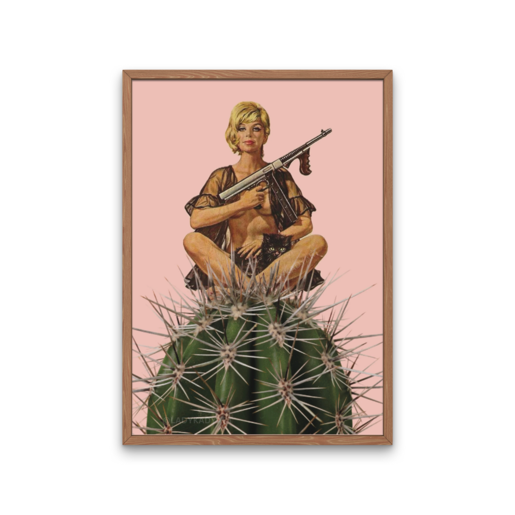 Cactus Shooter, Pulp Wall Art, Retro Woman Pink Decor, Pinup