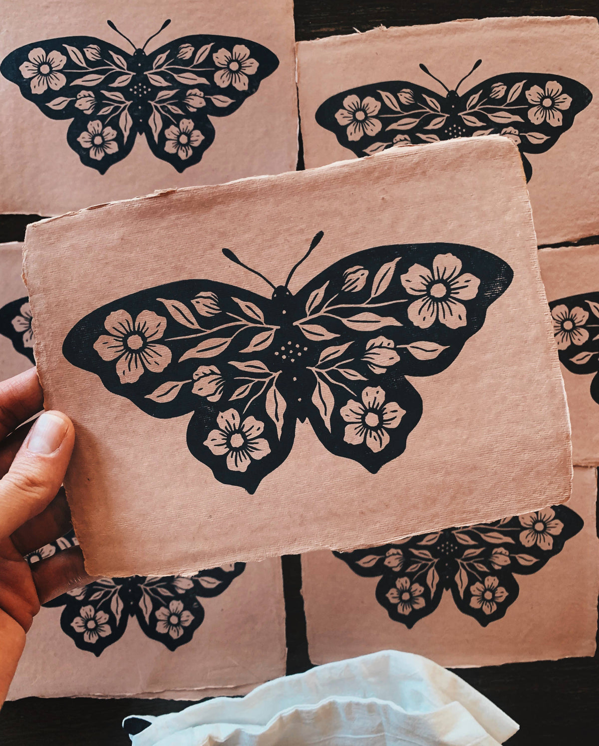 5x7 Floral Butterfly Block Print on Rose Handmade Paper